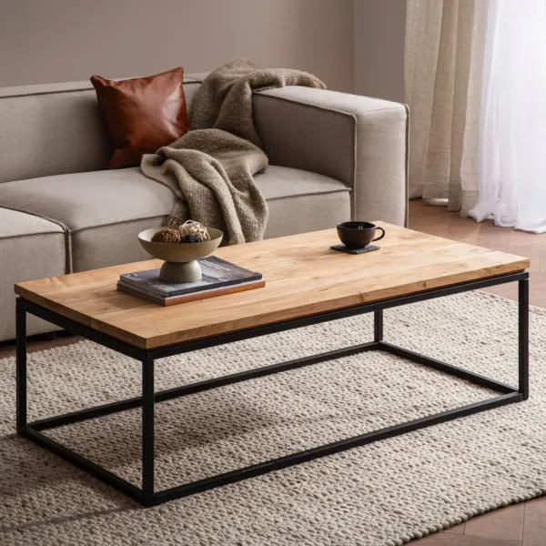FineBuy Couchtisch Akazie Massivholz 120 cm · Rechteckiger Wohnzimmertisch mit schwarzem Metallgestell · Handgefertigter Massivholztisch im modernen Industrial Design
