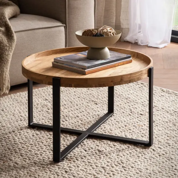 FineBuy Couchtisch Akazie Massivholz rund 60 cm · Wohnzimmertisch mit erhöhter Tischkante · Schwarzes Kreuzgestell aus Metall · Handgefertigter Industrial Design Tisch