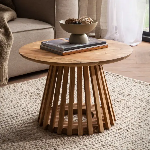FineBuy Couchtisch Akazie Massivholz rund 60 cm · Wohnzimmertisch mit Lamellenfuß im modernen Design · Handgefertigt · Stabiler Holztisch mit einzigartiger Form