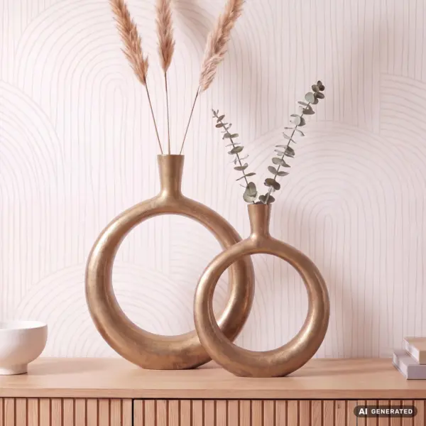 FineBuy Deko Vase 2er Set Aluminium Donut Blumenvase Modern, Dekovase Rund 2-teilig für Blumen, Alu Tischvase Wohndeko Tischdeko Handgefertigt