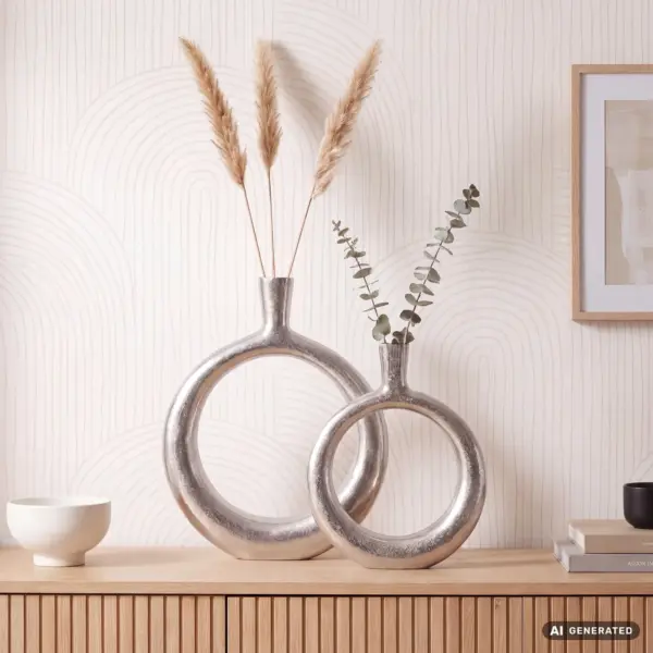 FineBuy Deko Vase 2er Set Aluminium Donut Blumenvase Modern, Dekovase Rund 2-teilig für Blumen, Alu Tischvase Wohndeko Tischdeko Handgefertigt