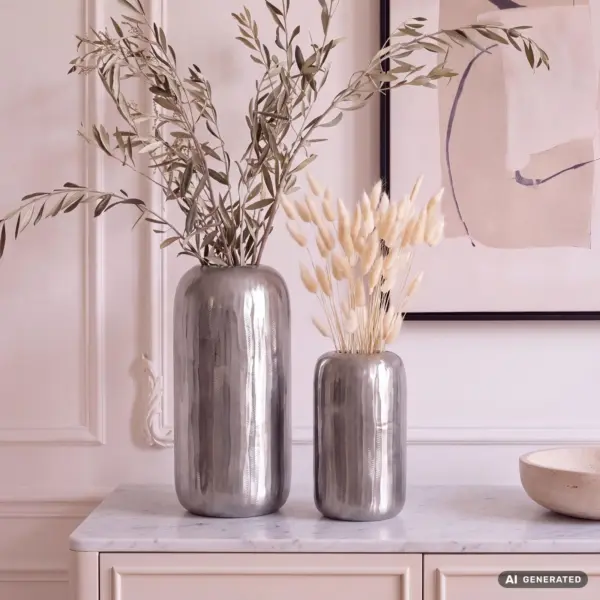 FineBuy Deko Vase 2er Set Aluminium Zylinder Blumenvase Modern, Dekovase Rund 2-teilig für Blumen, Alu Tischvase Wohndeko Metall Tischdeko Handgefertigt