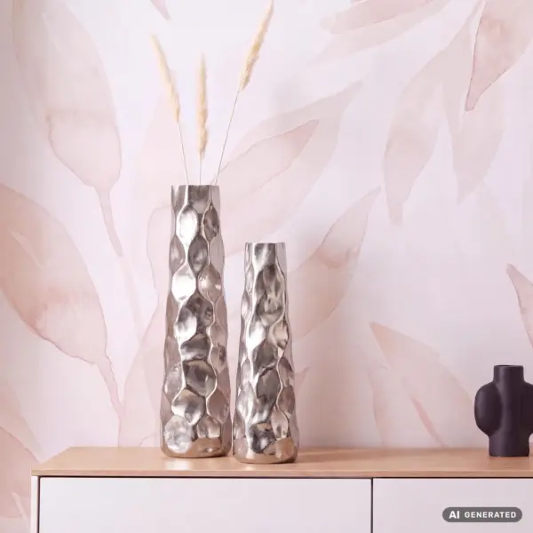 FineBuy Deko Vase 2er Set Aluminium Blumenvase Modern, Dekovase Hammerschlag-Design 2-teilig für Blumen, Alu Tischvase Wohndeko Metall Tischdeko Handgefertigt