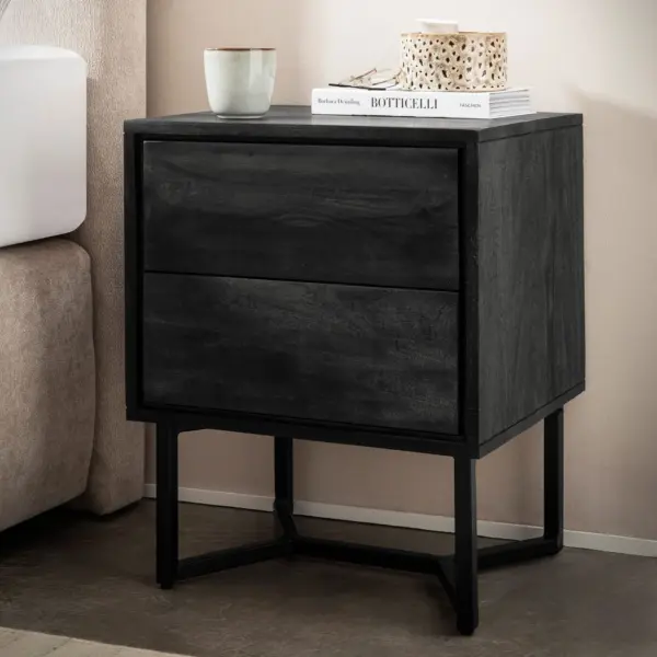 FineBuy Nachttisch Akazie Massivholz Schwarz mit 2 Schubladen & schwarzem Metallgestell – Nachtkommode mit Stauraum modern, Nachtkästchen für Boxspringbett – 45x40x57 cm