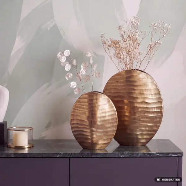 FineBuy Deko Vase 2er Set Aluminium Blumenvase Wellenmuster Modern, Dekovase Rund 2-teilig für Blumen, Alu Tischvase Wohndeko Metall Tischdeko Handgefertigt