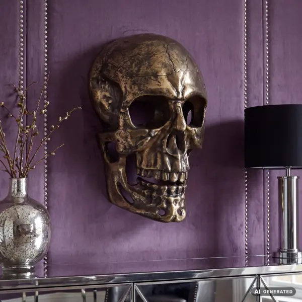 FineBuy Wanddeko Totenkopf aus Aluminium, Gold – 41 cm