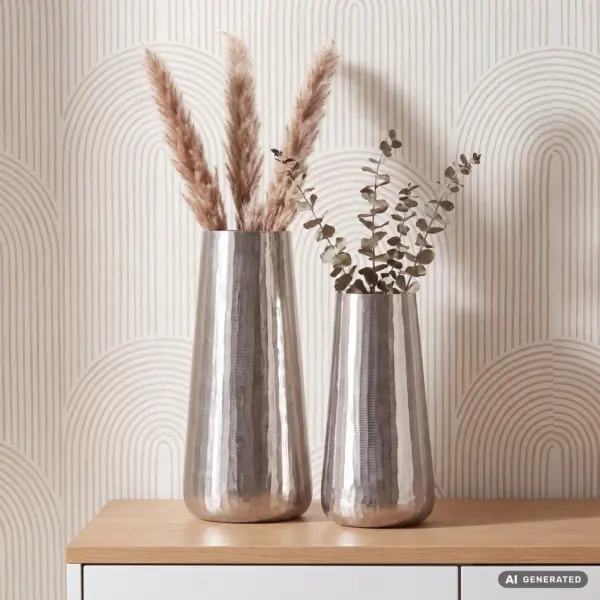 FineBuy Deko Vase 2er Set Aluminium Silber Rund Blumenvase Modern, Dekovase 2-teilig für Blumen, Alu Tischvase Wohndeko Metall Tischdeko Handgefertigt