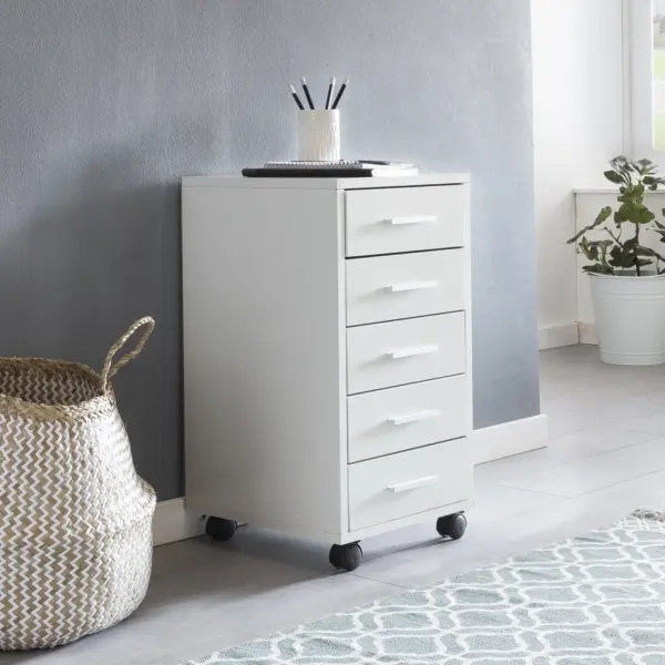 FineBuy Rollcontainer Weiß 33 x 63 x 38 cm Holz Schubladenschrank Schreibtisch, Büro Schrank mit 5 Schubladen, Container Rollschrank klein Standcontainer schmal, Schreibtischcontainer mit Rollen