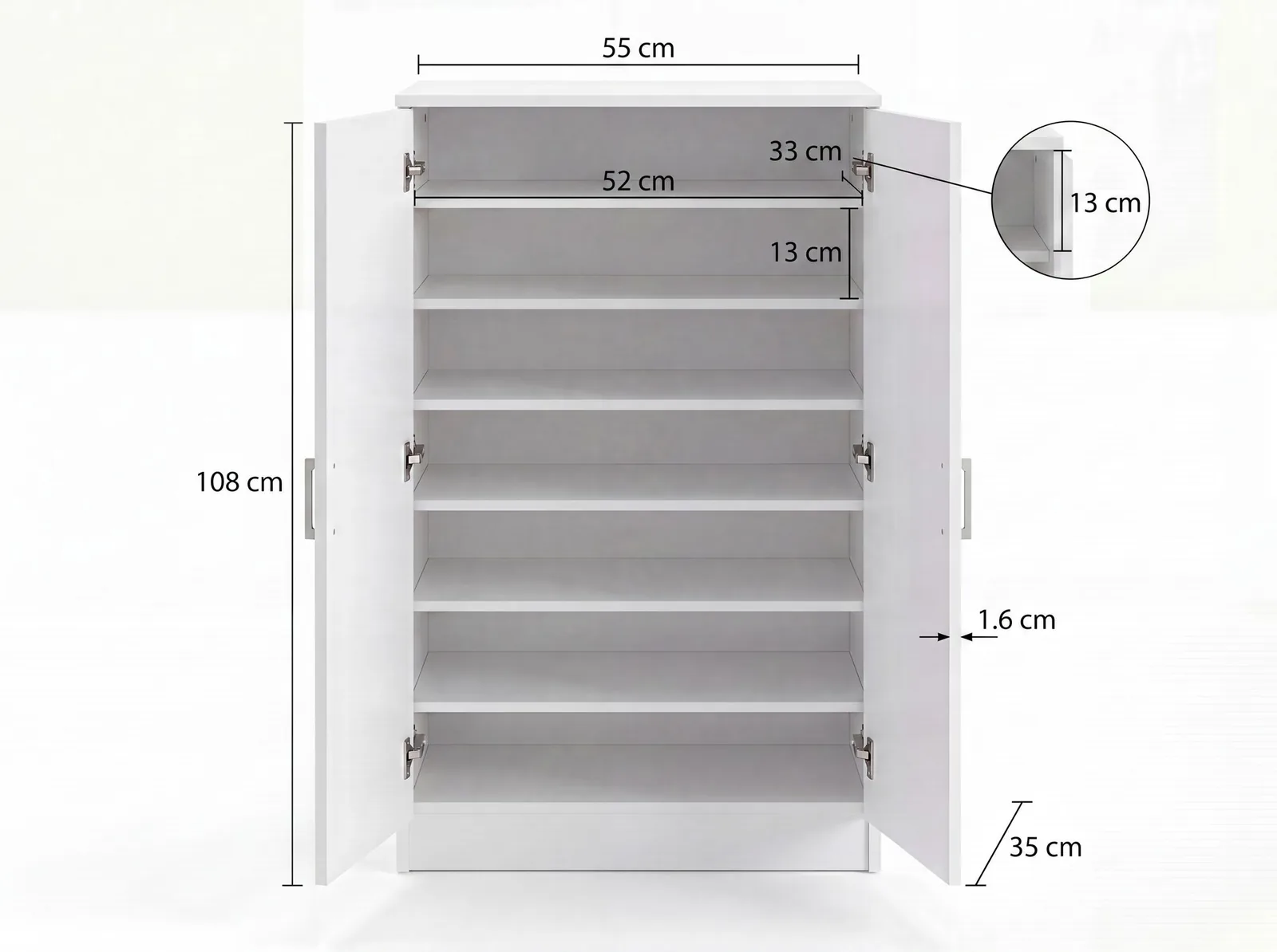 FineBuy Schuhschrank mit 2 Türen aus Holz, Weiß – 55 × 108 × 35 cm