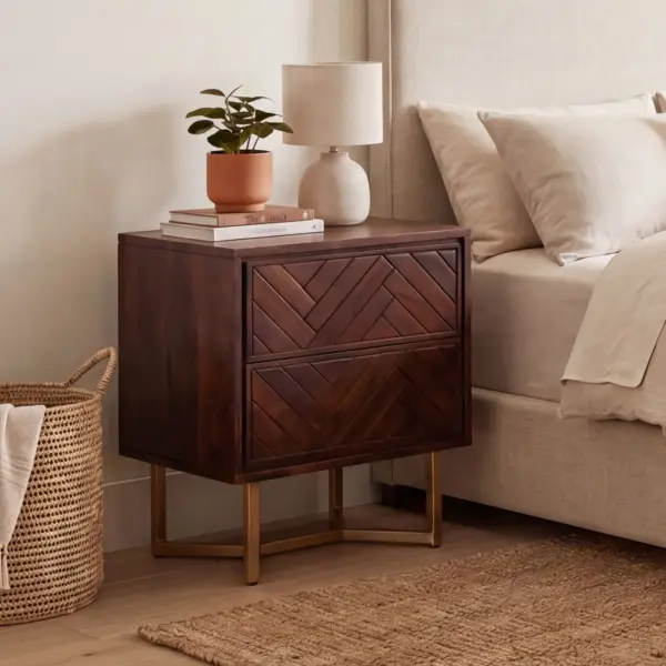 FineBuy Nachttisch Akazie Massivholz Braun mit 2 Schubladen & goldenem Metallgestell – Nachtkommode modern, Nachtkästchen für Boxspringbett – 45x40x57 cm