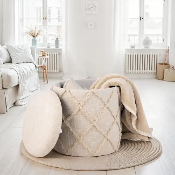 FineBuy Sitzhocker mit Stauraum rund aus Baumwolle, Beige – 40 × 40 × 45 cm FineBuy Sitzhocker mit Stauraum rund aus Baumwolle, Beige – 40 × 40 × 45 cm