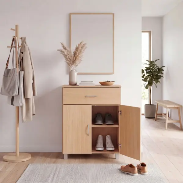 FineBuy Schuhschrank mit Schublade und 2 Türen, Braun – 60 × 75 × 30 cm