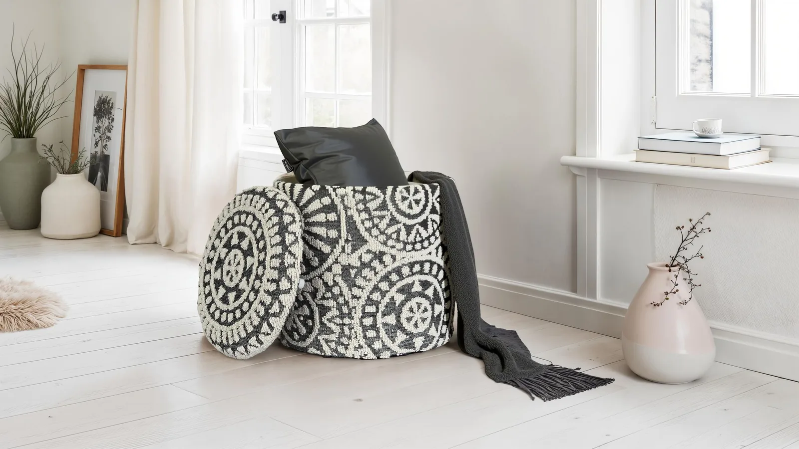 FineBuy Sitzhocker rund Ø, Grau – 40 × 45 cm