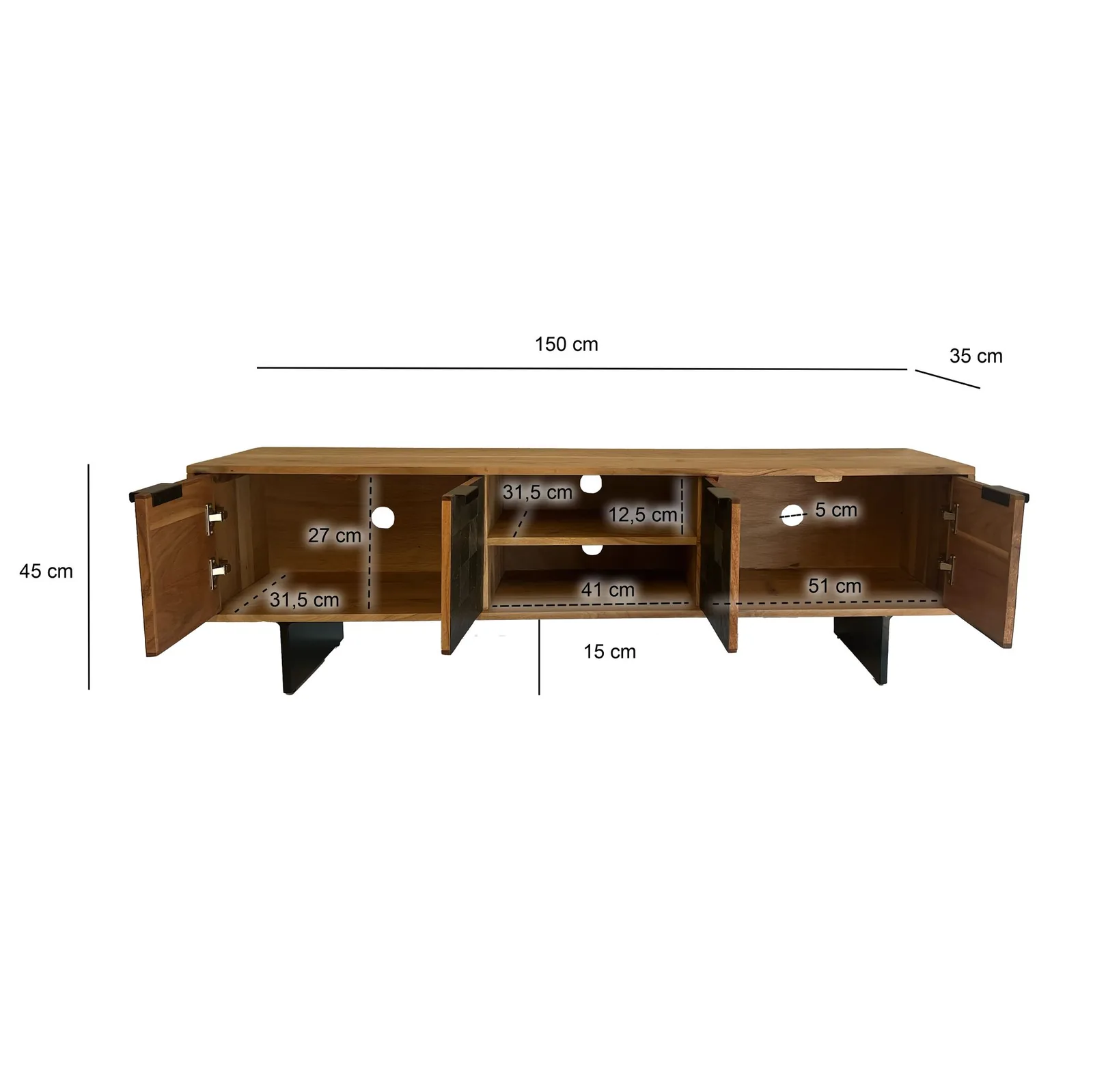 FineBuy Lowboard Akazie Massivholz, Schwarz – 150 cm