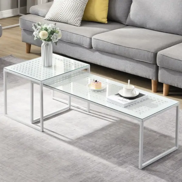 FineBuy Satztisch Glas Metall 2er Set Modern Couchtisch, Weiß