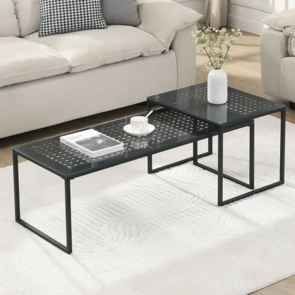 FineBuy Satztisch Glas Metall 2er Set Modern Couchtisch, Schwarz