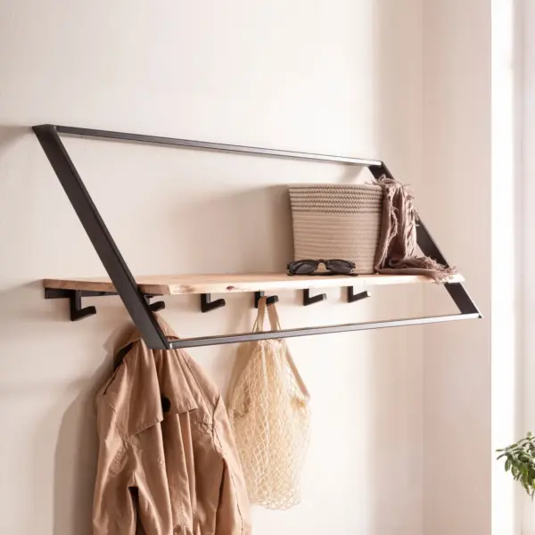 FineBuy Wandgarderobe Akazie Massivholz 100 cm mit Ablage – Industrial Garderobenpaneel mit Hutablage – Wand Garderobenleiste Hakenleiste – 6 Metall Kleiderhaken & Kleiderstange FineBuy Wandgarderobe Akazie Massivholz 100 cm mit Ablage – Industrial Garderobenpaneel mit Hutablage – Wand Garderobenleiste Hakenleiste – 6 Metall Kleiderhaken & Kleiderstange