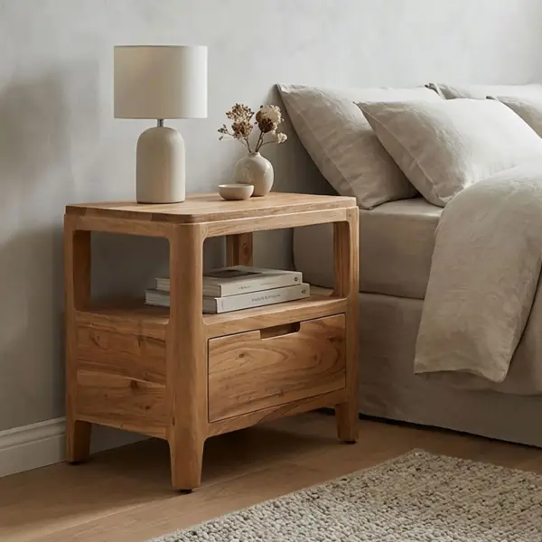 FineBuy Nachttisch Massivholz Akazie, Braun – 45 × 35 × 46 cm