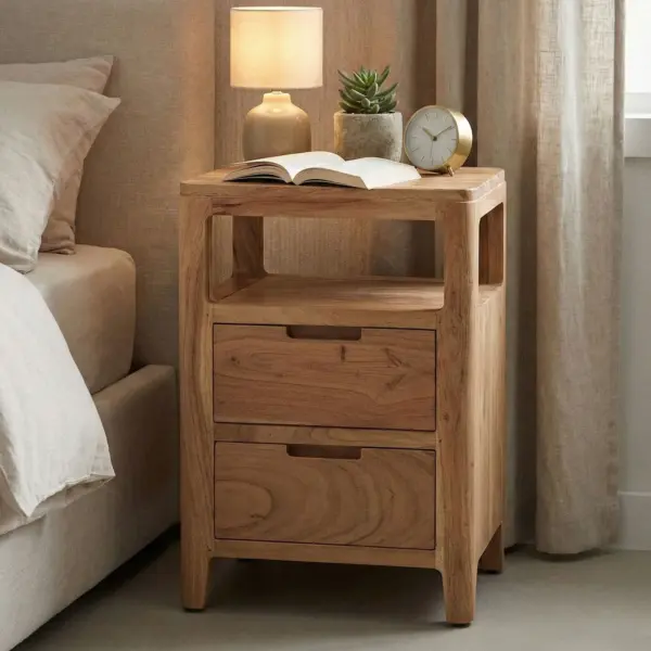 FineBuy Nachttisch Akazie Massivholz, Braun – 40 × 60 × 30 cm