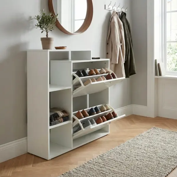 FineBuy Moderner Schuhkipper aus Holz, Weiß – 85 × 24 × 93 cm