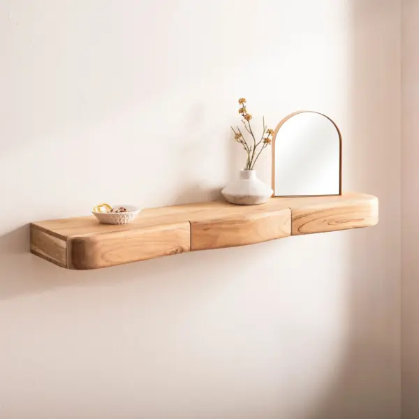 FineBuy Wandregal Akazie Massivholz mit Schublade, Braun – für die Wand FineBuy Wandregal Akazie Massivholz mit Schublade, Braun – für die Wand