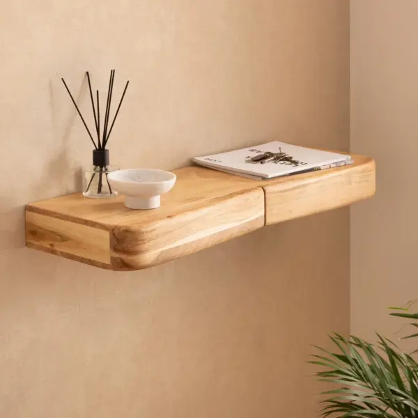 FineBuy Wandregal Akazie Massivholz mit Schublade, Braun – für die Wand FineBuy Wandregal Akazie Massivholz mit Schublade, Braun – für die Wand
