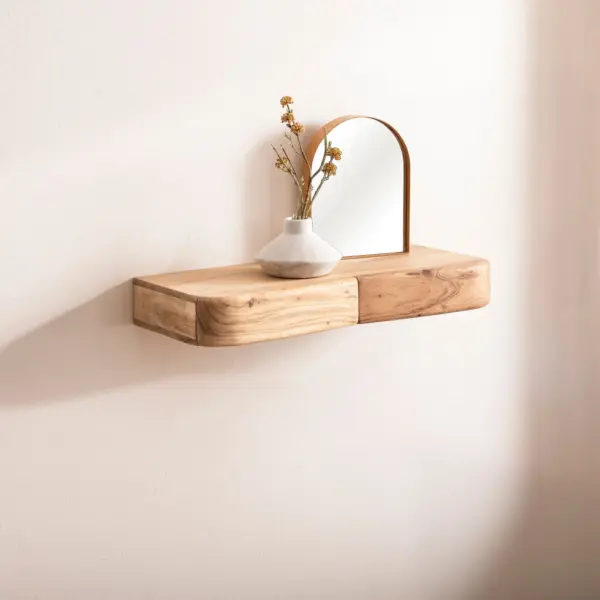 FineBuy Wandregal Akazie Massivholz mit Schublade, Braun – für die Wand FineBuy Wandregal Akazie Massivholz mit Schublade, Braun – für die Wand
