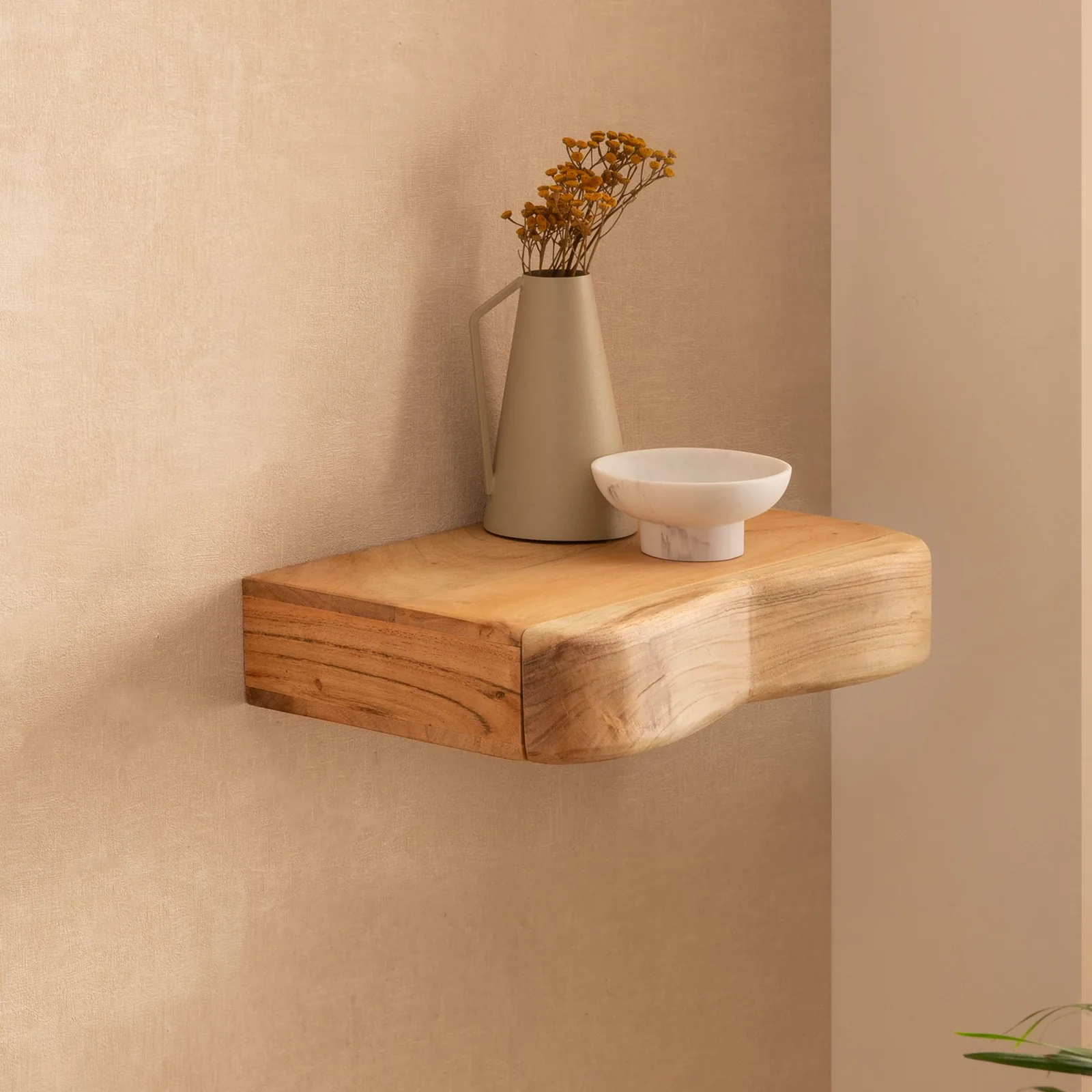 FineBuy Wandregal Akazie Massivholz mit Schublade, Braun – für die Wand