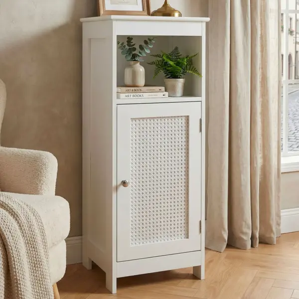 FineBuy Standregal Weiß 80cm – Nischenregal Tür & Ablage Wiener Geflecht – schmales Wohnregal Flur & Wohnzimmer – Stauraumregal – Kleiner Schrank – Kommode