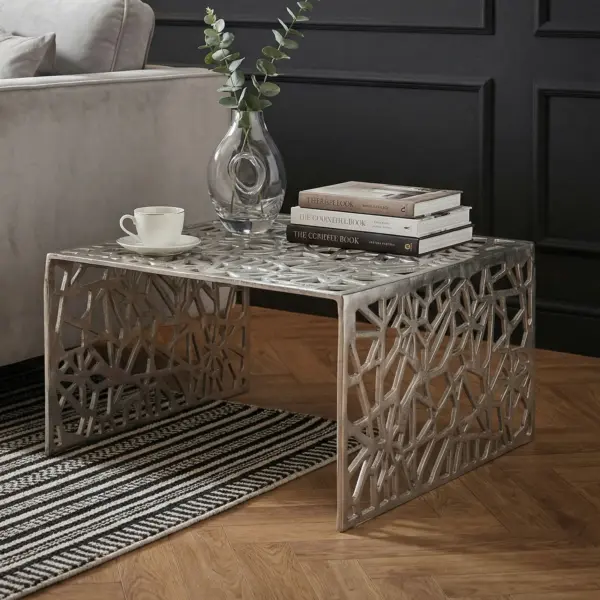 FineBuy Couchtisch Aluminium 60cm Quadratischer Sofatisch Metall – Wohnzimmertisch Alu modern mit Muster – Design Tisch niedrig – Loungetisch Beistelltisch Handmade
