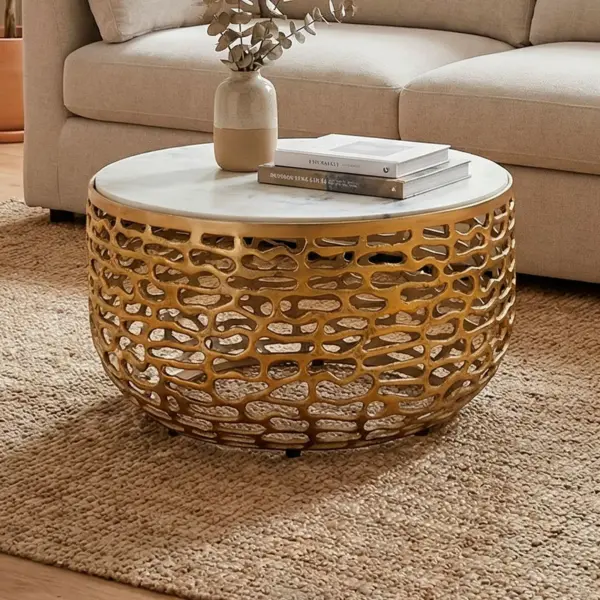 FineBuy Design Metall Couchtisch mit weißer Marmor Tischplatte aus Aluminium, Gold – 60 cm