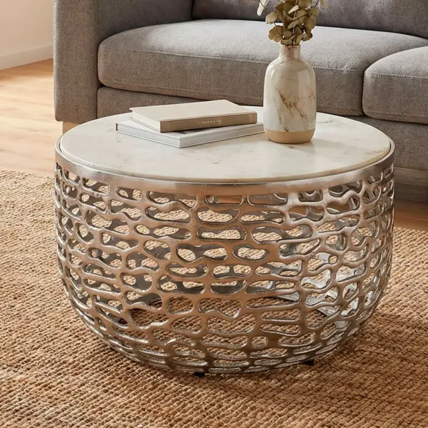 FineBuy Design Metall Couchtisch mit weißer Marmor Tischplatte aus Aluminium, Silber – 60 cm