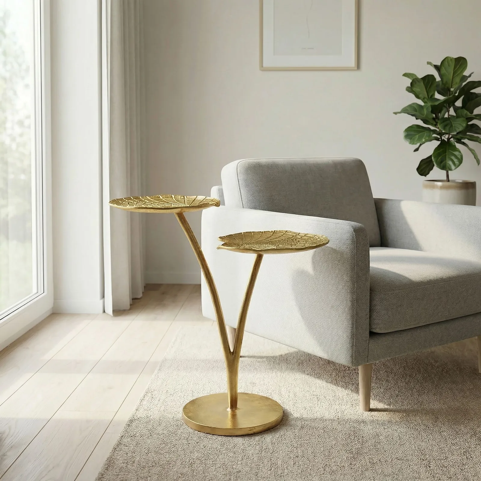 FineBuy Beistelltisch Seerosenblatt aus Aluminium, Gold – 57 cm