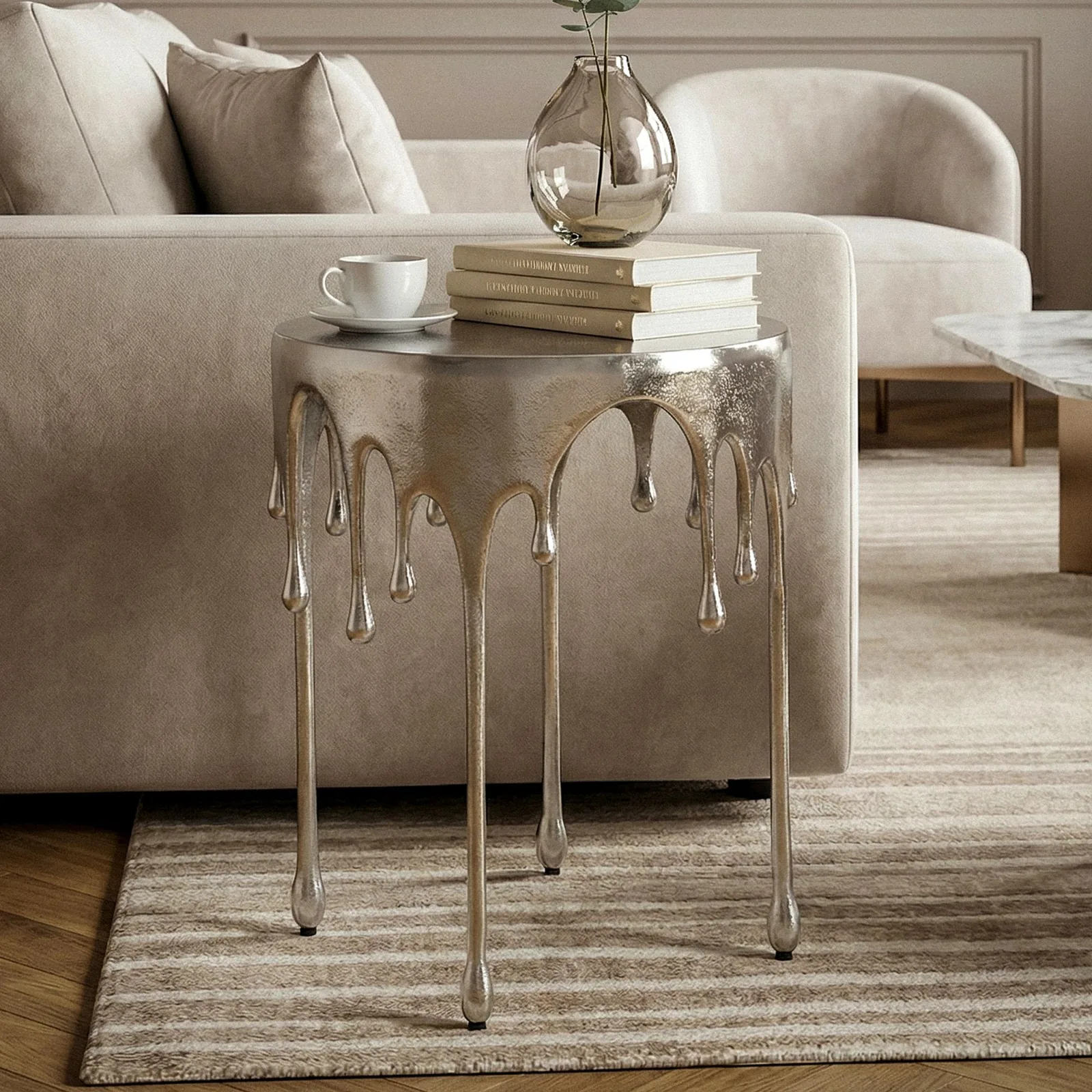 FineBuy Beistelltisch 43cm Aluminium Tisch Rund, Silber