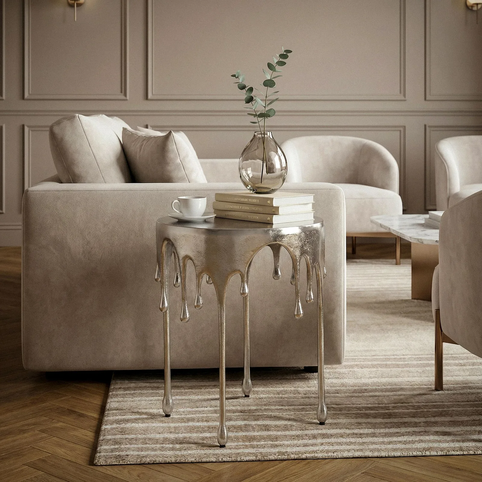 FineBuy Beistelltisch 43cm Aluminium Tisch Rund, Silber