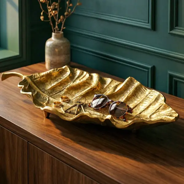 FineBuy Dekoschale Blatt aus Aluminium, Gold – 67 cm FineBuy Dekoschale Blatt aus Aluminium, Gold – 67 cm