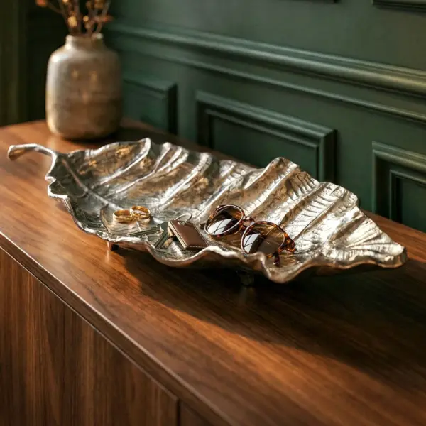 FineBuy Dekoschale Blatt aus Aluminium, Silber – 67 cm FineBuy Dekoschale Blatt aus Aluminium, Silber – 67 cm