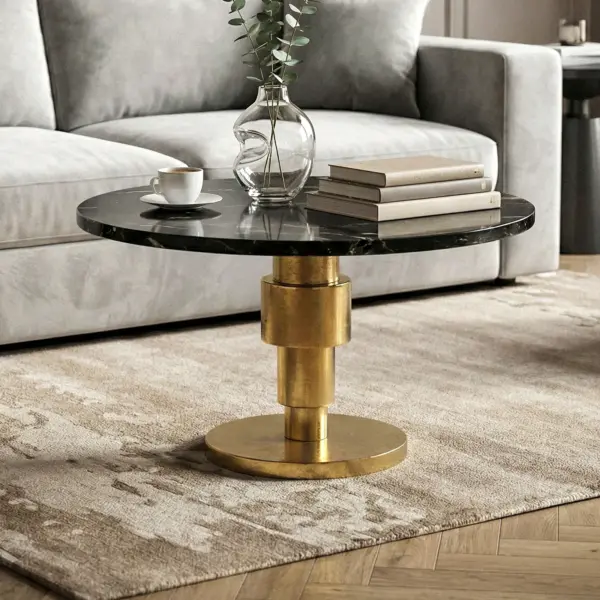 FineBuy Couchtisch Gold 60cm mit Marmor Tischplatte – Wohnzimmertisch rund – Sofatisch Alu modern – Beistelltisch Aluminium – Design Tisch Wohnzimmer Metallgestell Handmade