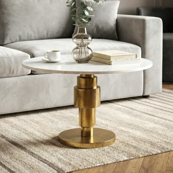 FineBuy Couchtisch Gold 60cm mit Marmor Tischplatte – Wohnzimmertisch rund – Sofatisch Alu modern – Beistelltisch Aluminium – Design Tisch Wohnzimmer Metallgestell Handmade