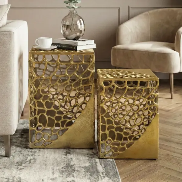 FineBuy 2er Set Beistelltisch Aluminium Design Couchtisch Set, Gold