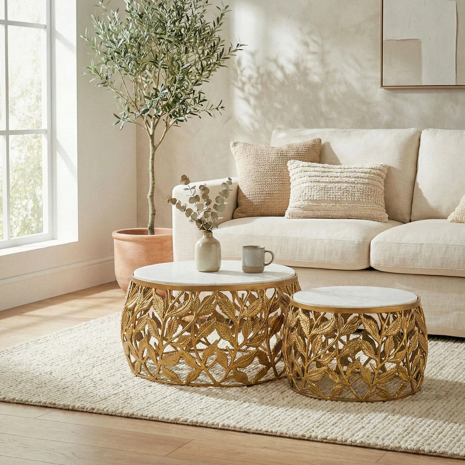 FineBuy 2er Set Couchtisch mit weißer Marmor Tischplatte aus Aluminium, Silber