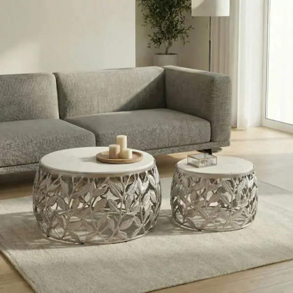 FineBuy 2er Set Couchtisch mit weißer Marmor Tischplatte aus Aluminium, Silber