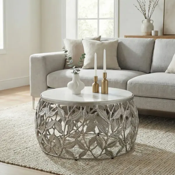 FineBuy Couchtisch 60cm mit weißer Marmor Tischplatte – Wohnzimmertisch rund – Sofatisch modern – Beistelltisch Aluminium – Design Beistelltisch Wohnzimmer Metallgestell Handmade