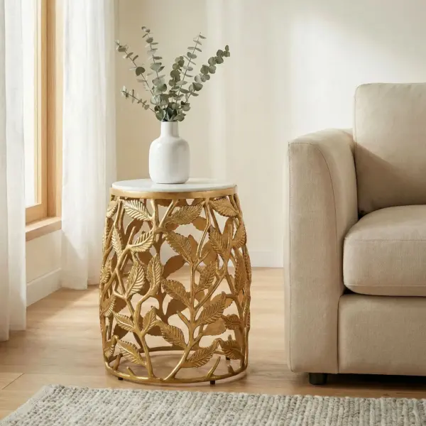 FineBuy Beistelltisch 40cm mit weißer Marmor Tischplatte – Couchtisch klein rund – Sofatisch Alu modern – Wohnzimmertisch Aluminium – Design Tisch Metallgestell Handmade