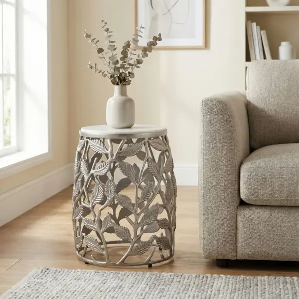 FineBuy Beistelltisch 40cm mit weißer Marmor Tischplatte – Couchtisch klein rund – Sofatisch Alu modern – Wohnzimmertisch Aluminium – Design Tisch Metallgestell Handmade