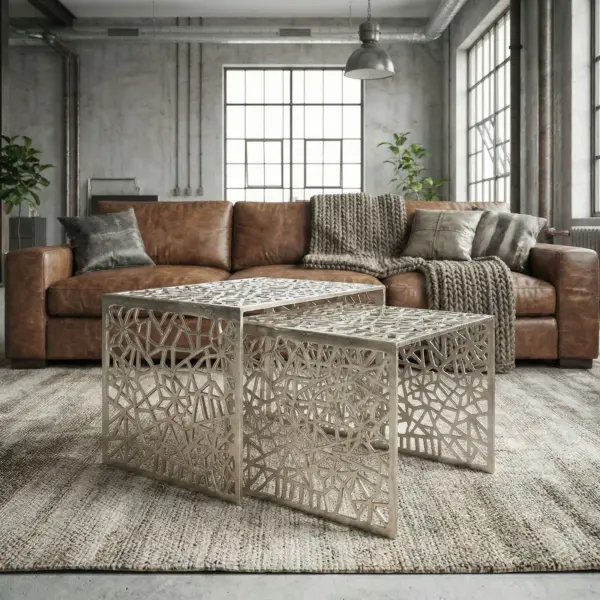 FineBuy 2er Set Couchtisch Aluminium Design Beistelltisch Set, Silber