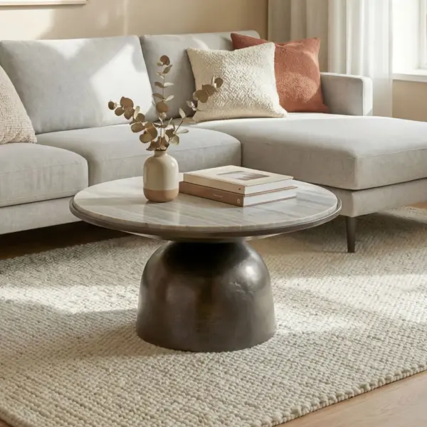 FineBuy Couchtisch 60cm Aluminium mit weißer Marmor Tischplatte – Runder Wohnzimmertisch – Design Sofatisch – Moderner Loungetisch – Edler Beistelltisch Wohnzimmer Handmade