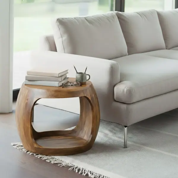 FineBuy Beistelltisch 50cm Mango Massivholz rund mit Ablagefach – Couchtisch Echtholz handgefertigt, Wohnzimmertisch im Naturdesign Handmade