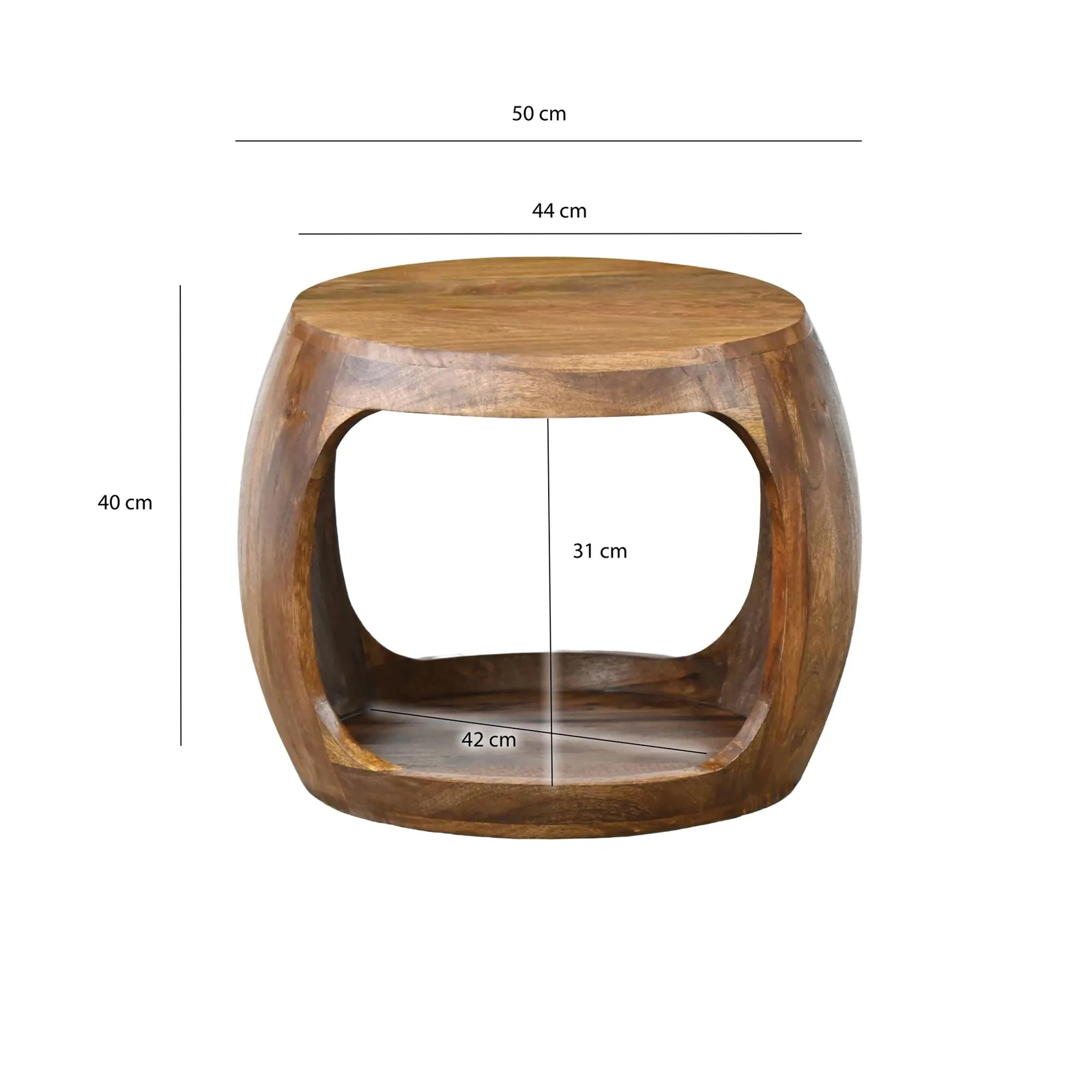 FineBuy Beistelltisch 50cm Mango Massivholz rund mit Ablagefach - Couchtisch Echtholz handgefertigt, Wohnzimmertisch im Naturdesign Handmade