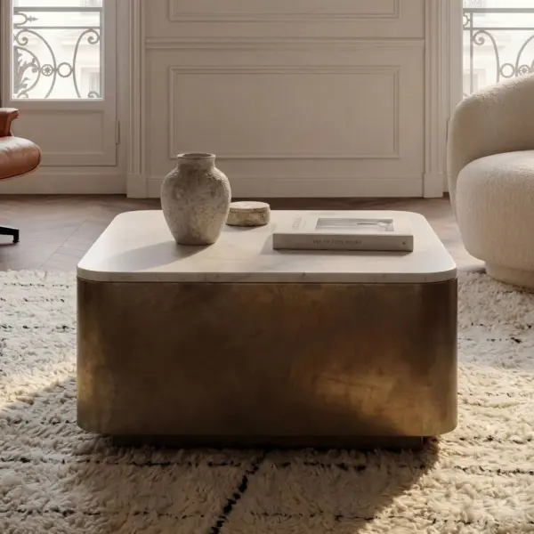 FineBuy Couchtisch Metall mit weißer Marmor Tischplatte, Gold – 60 cm